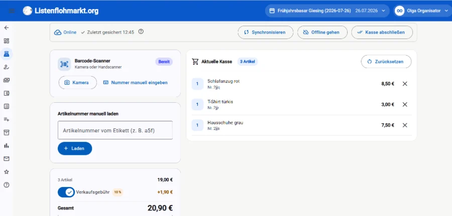 Kassenansicht von Listenflohmarkt.org mit Barcode-Scanner, Warenkorb und Statusanzeige für den Offline-Betrieb