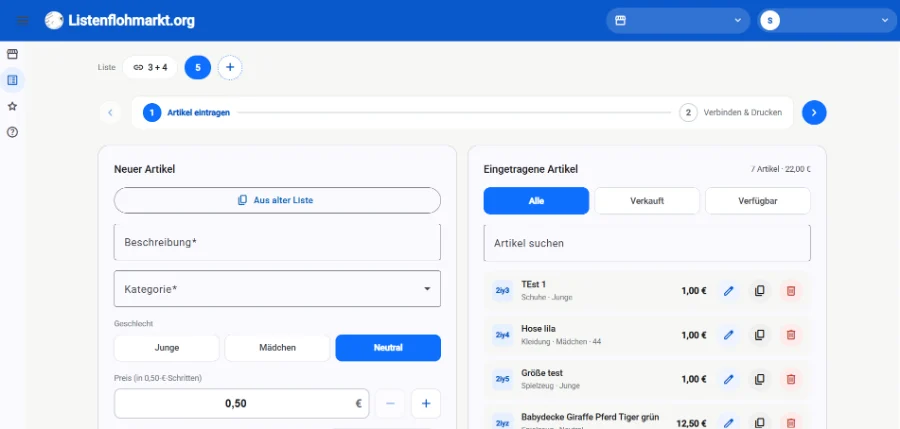 Artikelerfassung von Listenflohmarkt.org: Eingabemaske für einen neuen Artikel neben der Liste bereits erfasster Artikel